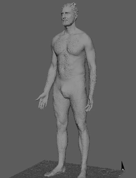 The full-body 3D avatar of Rubens Valcy, a grey mesh in 3D software
