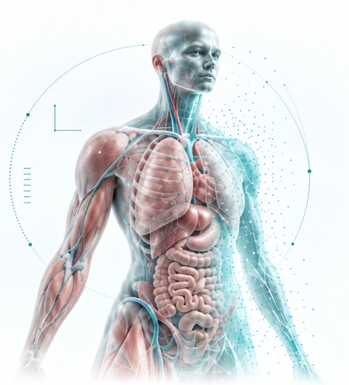 A human digital twin: anatomy on one side, dissolving into data points on the other