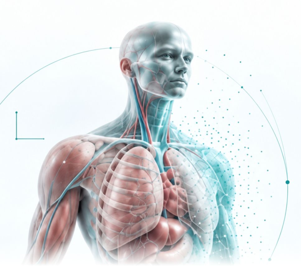 A human digital twin: anatomy on one side, dissolving into data points on the other